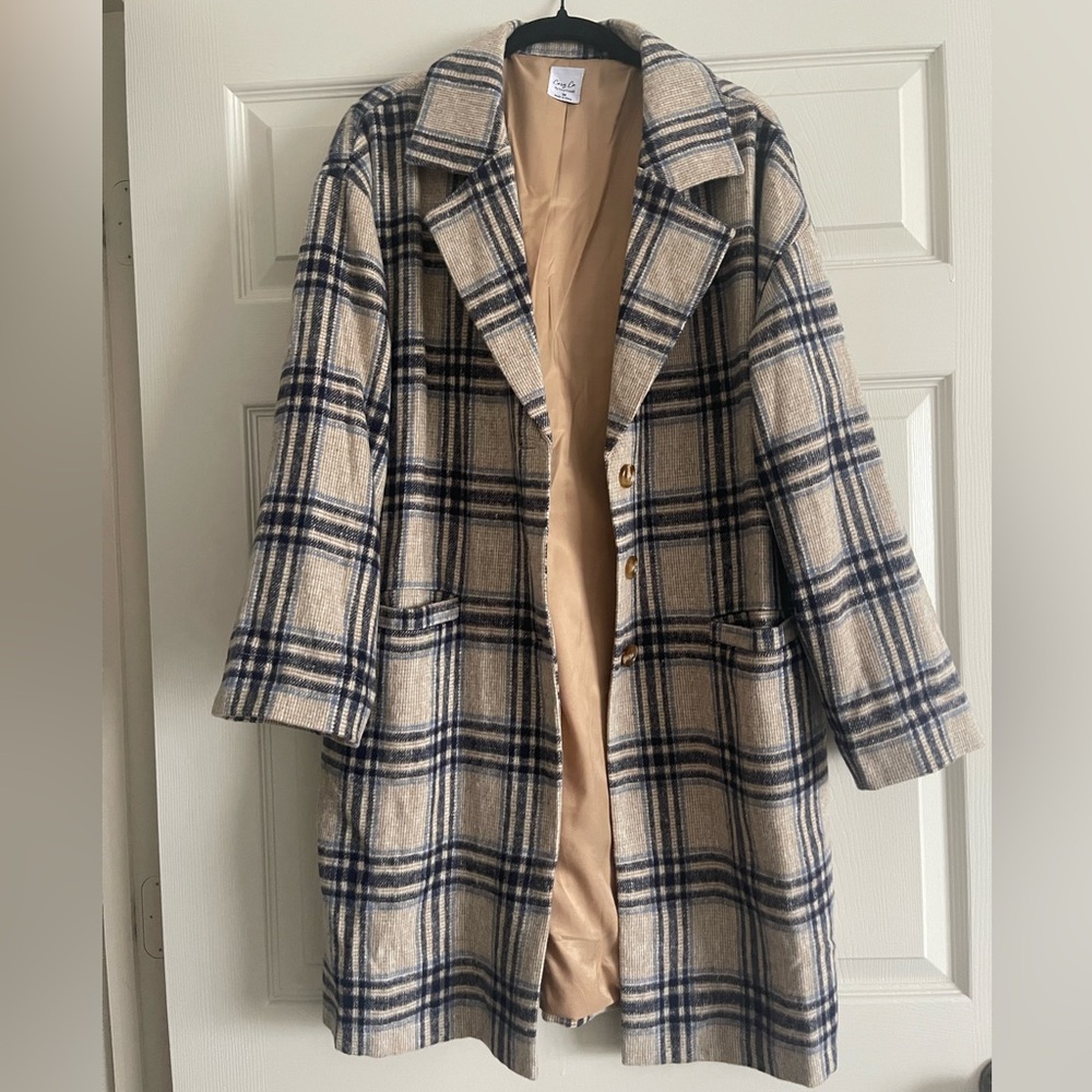 Cozy Casual Navy and Beige Plaid Trench Coat